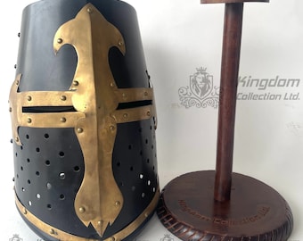 Black Templar Crusader Knight Helmet with Free Display Stand Gift for Him