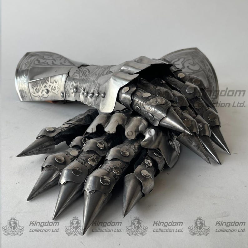 May include: A pair of silver metal gauntlets with pointed finger tips. The gauntlets are decorated with intricate patterns and have rivets along the seams.