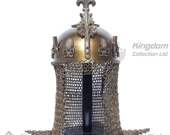 Medieval Emperor Battle Helmet Sultan Helmet Knight Warrior Helmet Attached Chainmail with Display Stand Gift Ottoman Empire