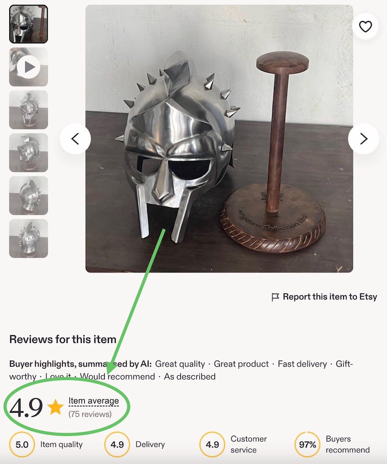 May include: A polished metal gladiator helmet with a face guard and spiked accents. The helmet is displayed next to a wooden stand with a round base. The item has an item average of 4.9 stars based on 75 reviews.
