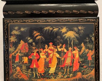 Vintage Footed Mini Wooden Jewelry Box with a Village Party Scene