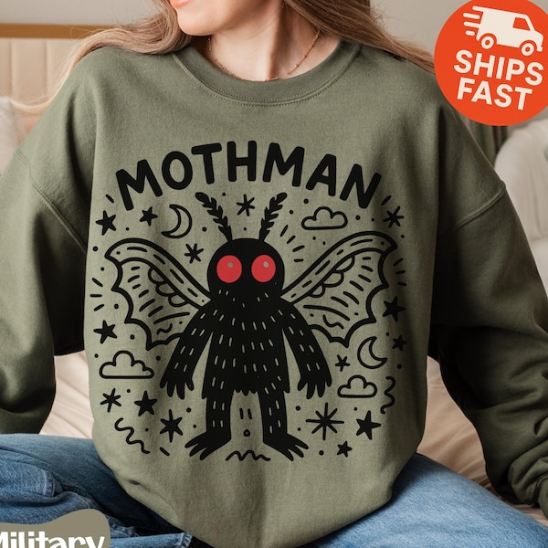 Sweat-shirt Mothman, pull de Virginie-Occidentale, séquoias, col rond Cryptozoologie, cadeau Mothman, pull cryptide, Mothman mangé, Mothman doué