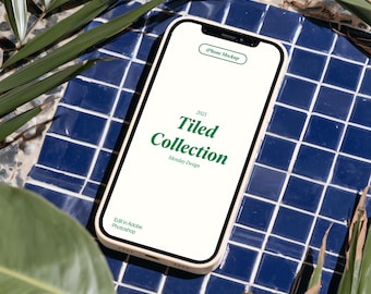 Mockup exclusivo de iPhone em mosaico em PSD: exibição de aplicativo e UI/UX em mídias sociais, modelo de produto Etsy