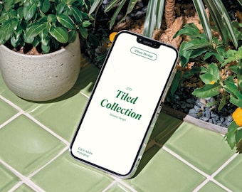 Mockup exclusivo para iPhone em PSD: Verde em mosaico, Branding de estilo de vida, Mídia social, Modelo de produto Etsy