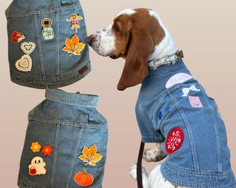 Custom Patch Denim Dog Jacket: Medium Wash, Recycled Materials