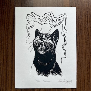 The Scream • Meowing Cat Linocut Print, Cute Cat, Original Animal Linocut Illustration, Cat Art Home Decor Gift, Black and White