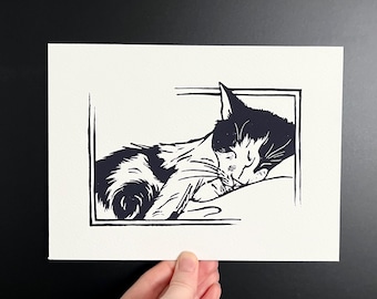 Snore - Tuxedo Cat Giclee Print, Cute Sleeping Cat, Original Animal Illustration, Sleeping Cat Art print for Home Decor Gift