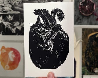 4 x 6 Giclee Print of Shrimp • Cute Black Cat linocut • Original Animal Linocut Illustration • Cat Art Home Decor Gift • Black and White