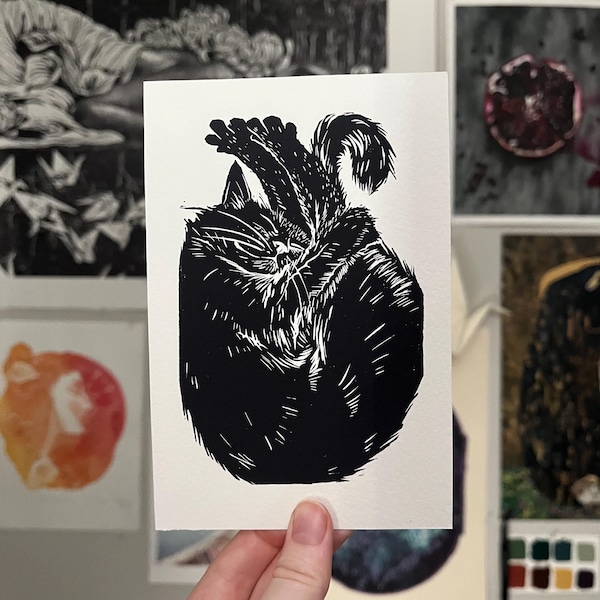 4 x 6 Giclee Print of Shrimp • Cute Black Cat linocut • Original Animal Linocut Illustration • Cat Art Home Decor Gift • Black and White