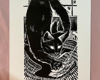 Handmade Linocut Print of Black Cat, Cute Cat Art, Fine Art print, Animal Illustration, Home Decor Gift for Cat Lover