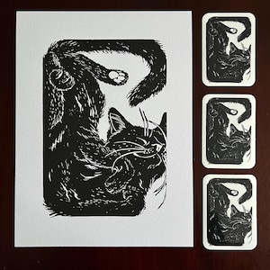 Giclee Print and Vinyl Sticker Set of Cute Black Cat • Original Animal Illustration • Cat Art Home Decor Gift