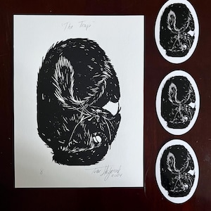 Linocut Print and Vinyl Sticker Set of Sleeping Cat • Original Animal Illustration • Cute Black Cat • Black Cat Art Home Decor Gift