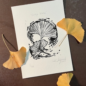 Ginkgo biloba • Block print of ginkgo leaf • Original illustration and Linocut inspired by nature