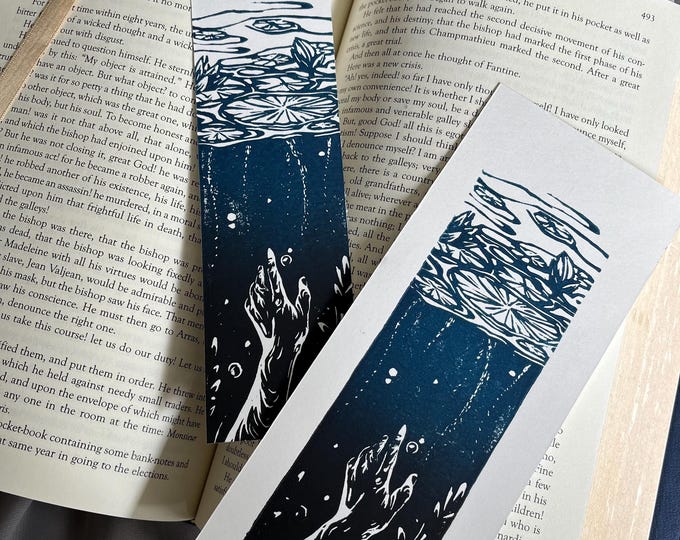 Beneath the Lilypads • Giclee linocut bookmark • nature inspired bookmark, a gift for book lovers and readers