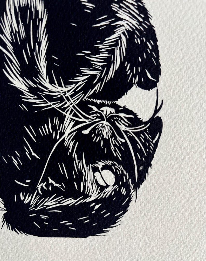 The Trap • Sleeping Cat Art Print, Cute Black Cat, Original Animal Linocut Illustration, Cat Art Home Decor Gift, Black and White image 2