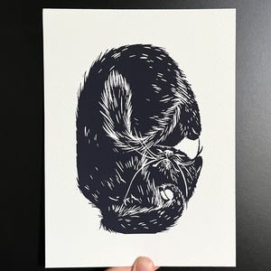 The Trap • Sleeping Cat Art Print, Cute Black Cat, Original Animal Linocut Illustration, Cat Art Home Decor Gift, Black and White