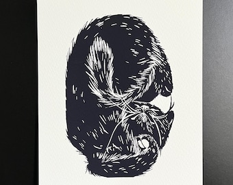 The Trap • Sleeping Cat Art Print, Cute Black Cat, Original Animal Linocut Illustration, Cat Art Home Decor Gift, Black and White