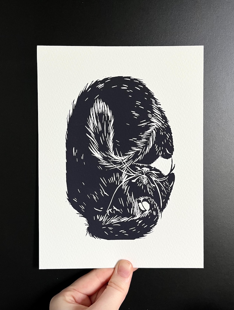 The Trap • Sleeping Cat Art Print, Cute Black Cat, Original Animal Linocut Illustration, Cat Art Home Decor Gift, Black and White image 1