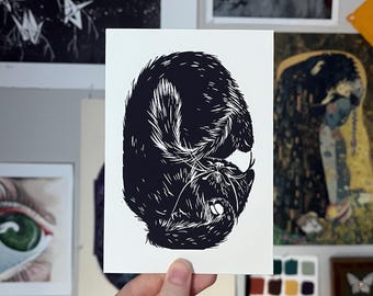 4 x 6 Giclee Print of The Trap • Cute Black Cat linocut • Original Animal Linocut Illustration • Cat Art Home Decor Gift • Black and White