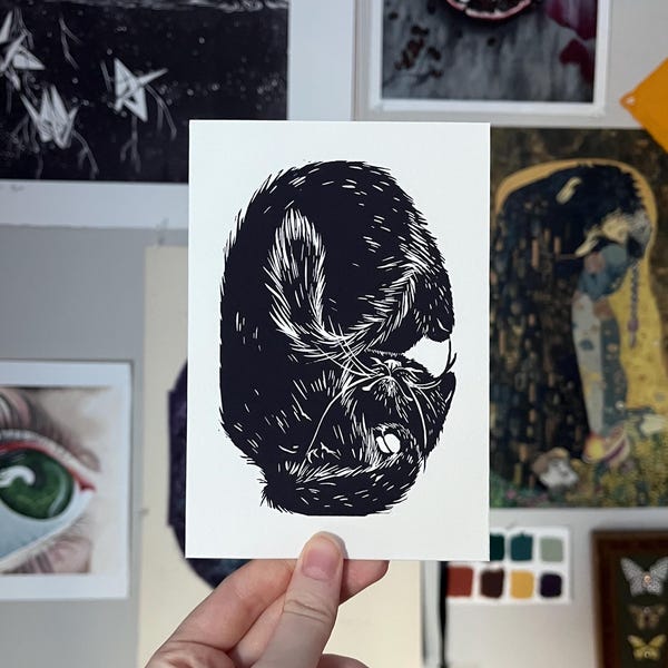 4 x 6 Giclee Print of The Trap • Cute Black Cat linocut • Original Animal Linocut Illustration • Cat Art Home Decor Gift • Black and White