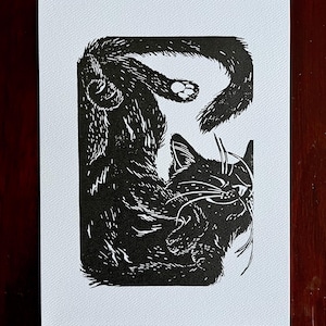 Giclee Print of Cute Black Cat, Original Animal Linocut Illustration, Cat Art Home Decor Gift, Black and White