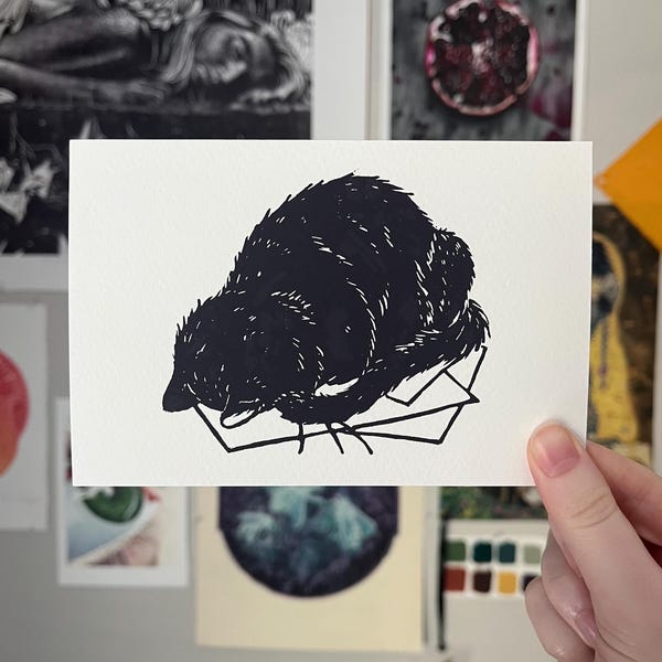 4 x 6 Giclee Print of Bonk • Cute Black Cat linocut • Original Animal Linocut Illustration • Cat Art Home Decor Gift • sleeping cat