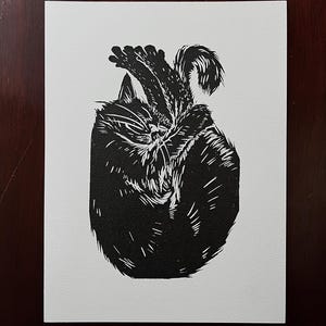 Giclee Print of Shrimp Cat Linocut, Cute Black Cat, Original Animal Linocut Illustration, Sleeping Cat Art Home Decor Gift, Black and White