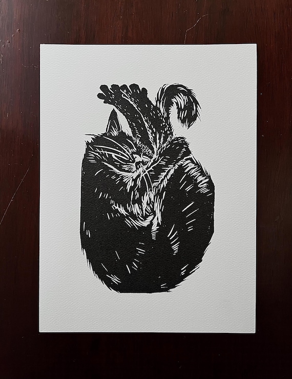 Giclee Print of Shrimp Cat Linocut, Cute Black Cat, Original Animal Linocut Illustration, Sleeping Cat Art Home Decor Gift, Black and White