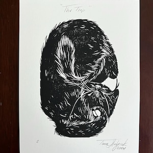 The Trap • Sleeping Cat Linocut Print, Cute Black Cat, Original Animal Linocut Illustration, Cat Art Home Decor Gift, Black and White