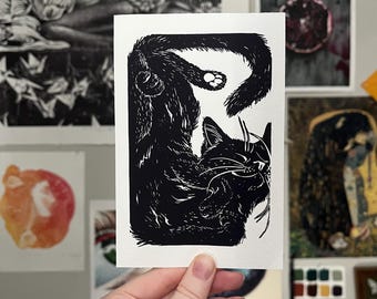 4 x 6 Giclee Print of Memori • Cute Black Cat linocut • Original Animal Linocut Illustration • Cat Art Home Decor Gift • Black and White