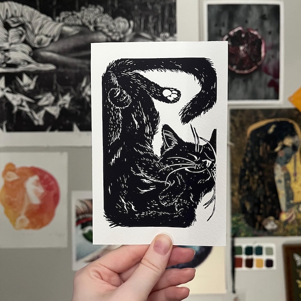 4 x 6 Giclee Print of Memori • Cute Black Cat linocut • Original Animal Linocut Illustration • Cat Art Home Decor Gift • Black and White