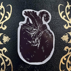 Shrimp • Sticker of Cute Black Cat Linocut• Original Animal Illustration • waterproof sticker for water bottles • shrimp cat sticker