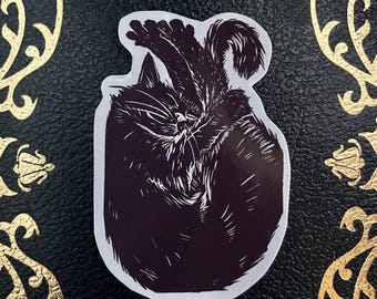 Shrimp • Sticker of Cute Black Cat Linocut• Original Animal Illustration • waterproof sticker for water bottles • shrimp cat sticker