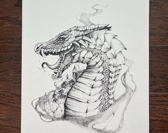 Dragon Illustration • 8 x 10 Fantasy Art Print •  Giclee Print of Original Ink drawing • dragon art for fantasy lovers