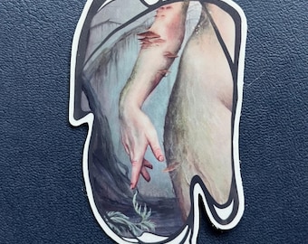 Reclaimed vinyl sticker • art nouveau inspired art of nature reclaiming woman • witchy art of forest • realism • sticker of painting