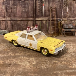 1974 Dodge Monaco Police Car Customized 1/64 scale Diecast Car. Custom Barn Find Style. Weathered And Rusty Car For Junkyard Diorama