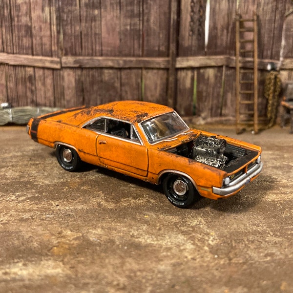 1970 Dodge Dart Customized 1/64 scale Diecast Car. Custom Mopar Barn Find Style. Weathered And Rusty Car For Junkyard Diorama