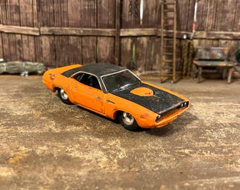 1970 Dodge Challenger Customized 1/64 scale Diecast Car. Custom Barn Find Style. Weathered And Rusty Car For Junkyard Diorama Hot Wheels