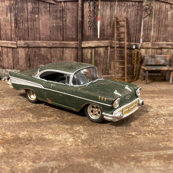 1957 Chevy Bel Air Customized 1/64 scale Diecast Car. Custom Barn Find Style. Weathered And Rusty Car For Junkyard Diorama