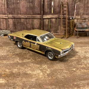 1966 Pontiac GTO Customized 1/64 scale Diecast Car. Custom Barn Find Style. Weathered And Rusty Car For Junkyard Diorama