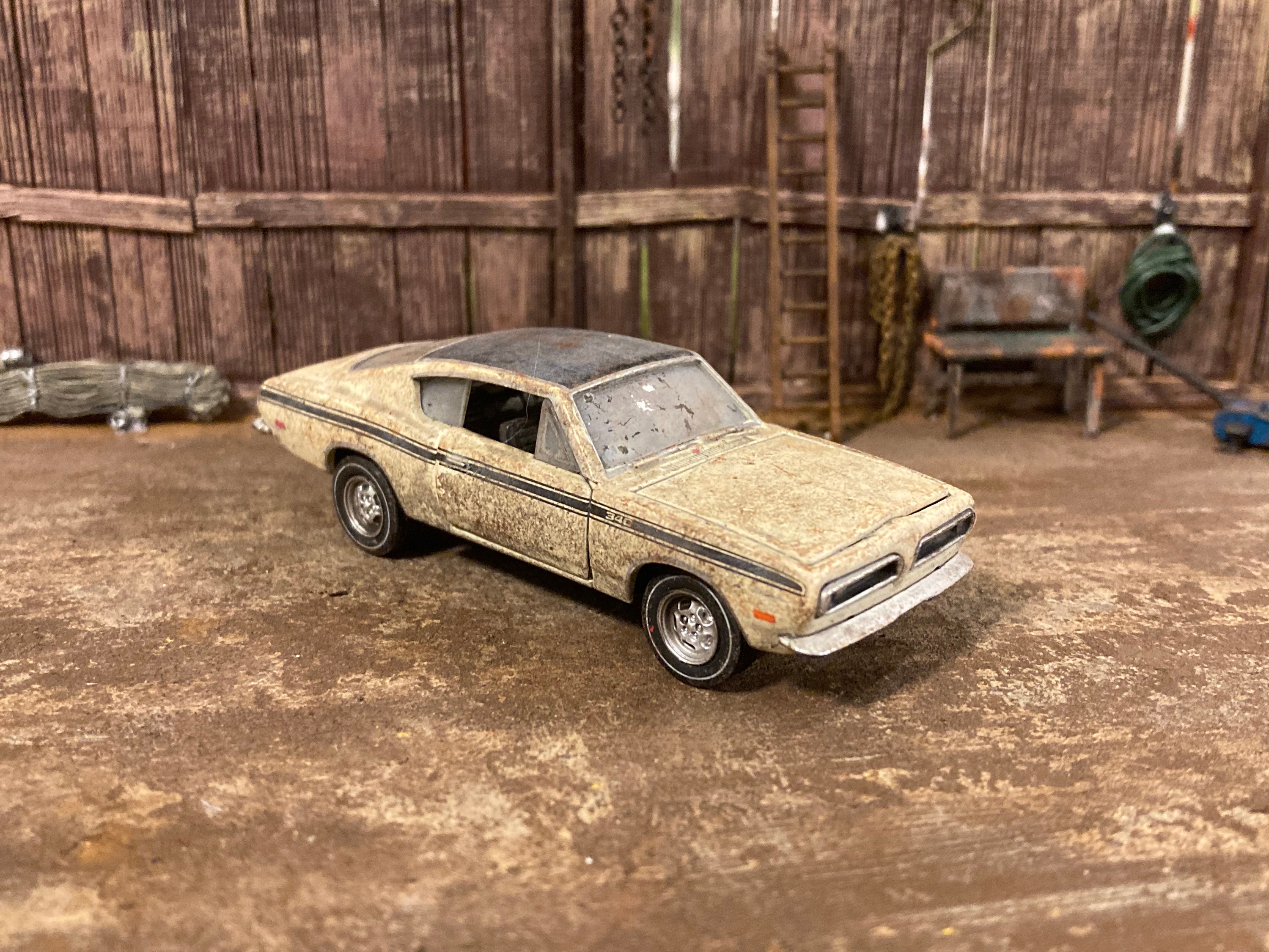 1969 Plymouth Barracuda Cuda Customized 1/64 scale Diecast Car. Custom Mopar Barn Find Style. Weathered And Rusty Car For Junkyard Diorama