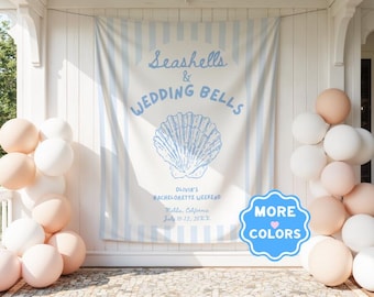 Seashells and Wedding Bells Tapestry Bachelorette Banner Beach Custom Beach Backdrop Coastal  Personalized Bachelorette Sign Party Decor