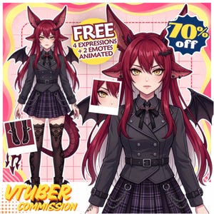 May include: A digital character illustration featuring a figure with long red hair, pointed ears, and bat wings, wearing a dark double-breasted jacket, a plaid skirt, and black stockings. Text includes FREE 4 EXPRESSIONS + 2 EMOTES ANIMATED, 70% off, and VTUBER COMMISSION.