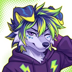 May include: A digital illustration of an anthropomorphic canine character with purple and lime green fur, wearing a dark purple hoodie with yellow lightning bolt graphics. The character has purple eyes, blue heart markings on its cheeks, and is winking.