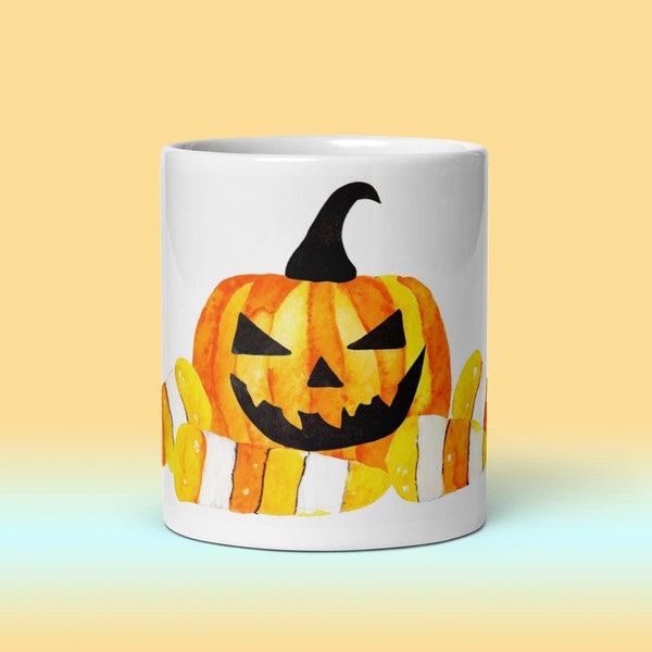 Cute Halloween Mug, Pumpkin Cup, Bats, Haunted House Coffee Mug, Halloween Gift, Watercolor Mug, Jack O Lantern, Candy Corn, Spooky Season