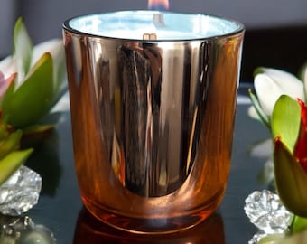 Lotusblüte Duftkerze: Kokosnuss-Apricot-Wachs, Holzdocht, Roségold