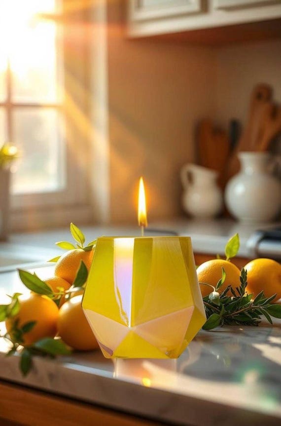 Ätherisches Öl Kerze: Kokoswachs, Knisternder Holzdocht, Geometrisches Glas