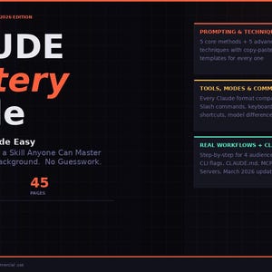Peut inclure: Un guide numérique intitulé "CLAUDE Mastery Guide" sur fond sombre. Le titre est en blanc et orange. Il est destiné aux débutants et promet de simplifier l'IA. Il comprend plus de 60 techniques, 13 chapitres et 45 pages, ainsi que des sections sur les invites et les flux de travail.