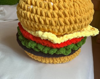 Handmade Crochet Amigurumi Hamburger - Colorful Yarn Burger Decor - Playful Crocheted Food Toy - Unique Gift for Foodies and Chefs