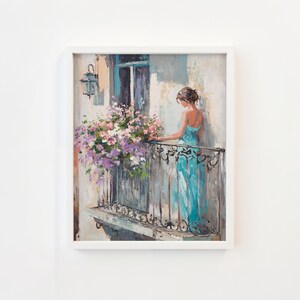 Balcony Flowers in Coastal Breeze – European Coastal Balcony Wall Art Printable, Soft Pastel Painting, Romantic Cottagecore Scene v_132